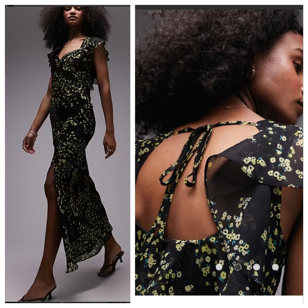 Topshop Women's 4 Ruffle Back Tie Maxi Black Floral Dress Slit Sweetheart Boho